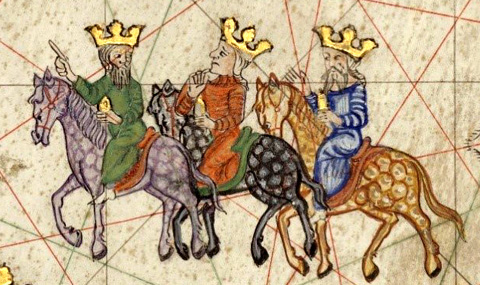 Els Reis d'Orient. Detall de l'Atlas Catal&agrave; d'Abraham Cresques. 1375