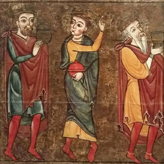 Els Reis d'Orient. Detall del frontal de l'altar de Santa Maria de Llu&ccedil;&agrave;. Mestre de Llu&ccedil;&agrave;, Tallers de Vic. Segon quart del segle XIII