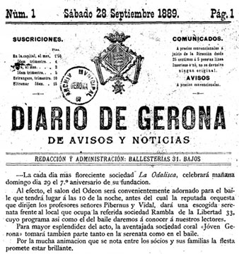 Anunci de la festa d'aniversari de la l'associaci&oacute; 'La Odalisca' al Sal&oacute; Odeon. 28 de setembre de 1889