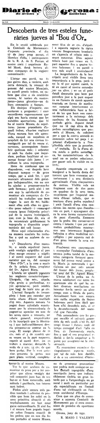 Article de Rafael Mas&oacute; i Valent&iacute; sobre el descobriment d'esteles funer&agrave;ries jueves al Bou d'Or