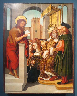 'Pr&egrave;dica de sant Joan Baptista'. Taula del 'Retaule de san Joan Baptista'. Pere Mates. 1536. Oli sobre fusta