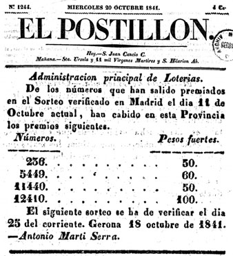 Resultat del sorteig de la Loteria de l'11 d'octubre de 1841 publicat al diari giron&iacute; 'El Postill&oacute;n'