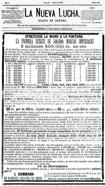 Anunci de loteria hamburguesa publicat al diari giron&iacute; 'La Nueva Lucha' el 25/10/1887