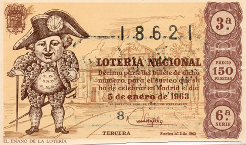 D&egrave;cim de la 'Loteria Nacional' del 5 de gener de 1963, amb un gravat del 'Nan de la Loteria'