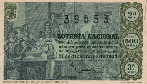 D&egrave;cim de la 'Loteria Nacional' del 21 de desembre de 1963, amb un gravat d'una escena dels sorteig de la 'Loteria Primitiva'