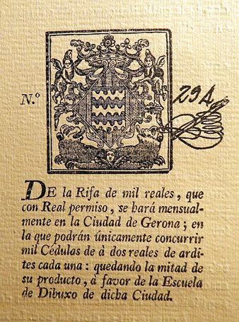 N&uacute;mero de la rifa mensual que es feia a Girona amb un premi de mil rals. Ca. 1835