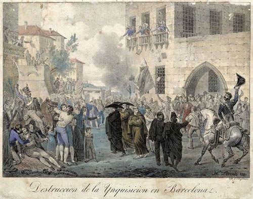 Destrucci&oacute;n de la Ynquisici&oacute;n en Barcelona. Gravat d'Hippolyte Lecomte. Barcelona, 1820