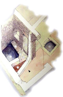 Reconstrucci&oacute; ideal del bany ritual. Dibuix de J. Sagregra. Panell informatiu