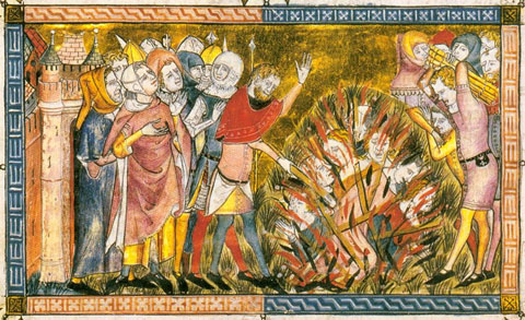 Crema de jueus, acusats de l'enverinament premeditat de pous i fonts. Miniatura de 'Chronik von Gilles Li Muisis', Ca. 1350