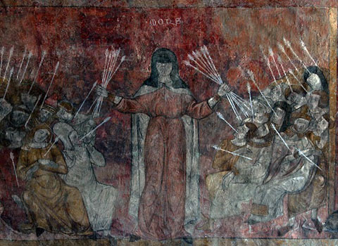 La Pesta Negra personificada en una dona que llen&ccedil;a fletxes. Segle XIV. Fresc de l'abadia de Saint-Andr&eacute;-de-Lavaudieu