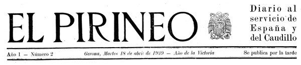 Cap&ccedil;alera del diari 'El Pirineo', editat a Girona entre 1939 i 1942
