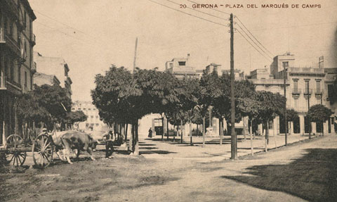 Vista de la pla&ccedil;a Marqu&egrave;s de Camps des del carrer de Barcelona. A l'esquerra, la ronda de Ferran Puig. S'observa un home estirant un carro amb bous. 1906