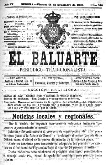 Portada d'un exemplar del peri&ograve;dic 'El Baluarte. Peri&oacute;dico tradicionalista'
