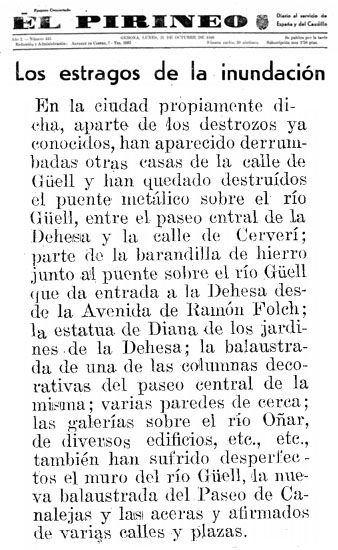 Fragment de la not&iacute;cia publicada al diari 'El Pirineo' del 21/10/1940 sobre les destrosses provocades per la inundaci&oacute; del G&uuml;ell al sector de la Devesa