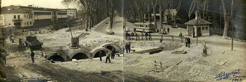 Obres de cobriment del riu G&uuml;ell a l'altura de la Devesa davant la caseta del Rellotge. 1963