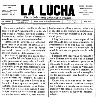 Article publicat al diari 'La Lucha' oposant-se a la instal&middot;laci&oacute; d'un quiosc de begudes a la Rambla Verdaguer