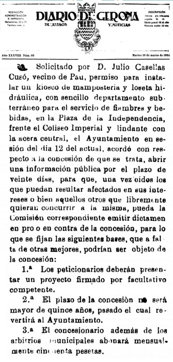 Sol&middot;licitud d'un quiosc de begudes a la pla&ccedil;a de la Independ&egrave;ncia
