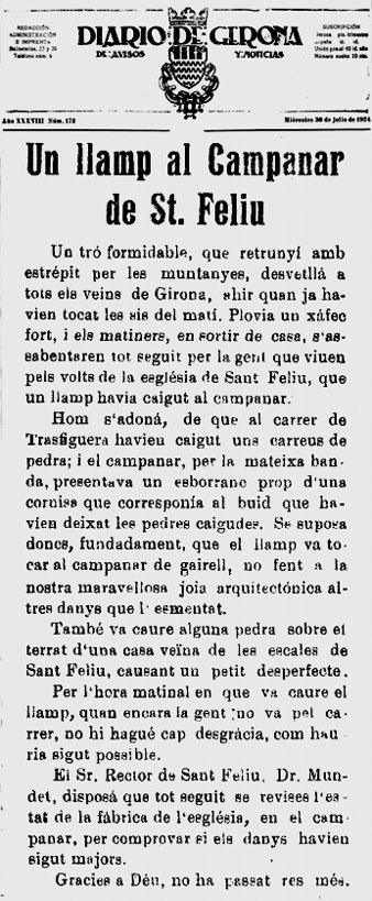 Not&iacute;cia de la caiguda d'un llamp al campanar de Sant Feliu, que va provocar el despreniment de carreus al carrer de Transfiguera