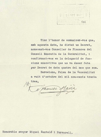 Francesc Maci&agrave; Lluss&agrave; a Miquel Santal&oacute; i Parvorell, des de Barcelona. 8 d'octubre de 1933. El nomena Conseller de Finances del Consell Executiu de la Generalitat