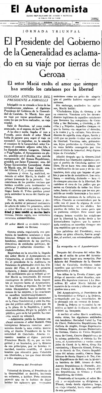 Not&iacute;cia de la visita del President Maci&agrave; a Girona publicada a 'El Autonomista' del 22 de juny de 1931