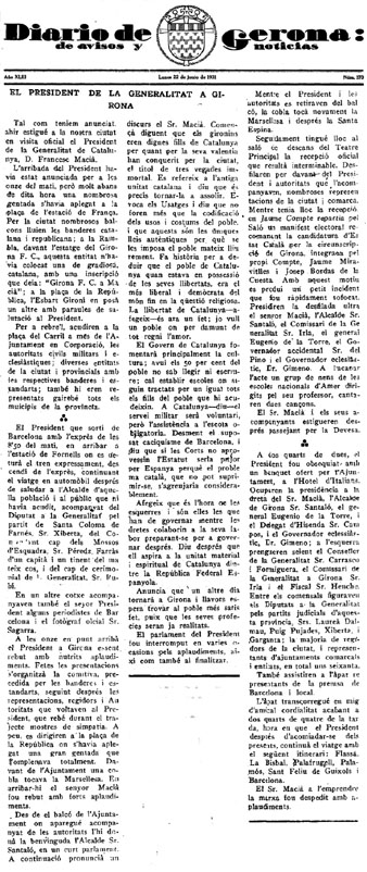 Not&iacute;cia de la visita del President Maci&agrave; a Girona publicada a 'Diario de Gerona de Avisos y Not&iacute;cias' del 22 de juny de 1931