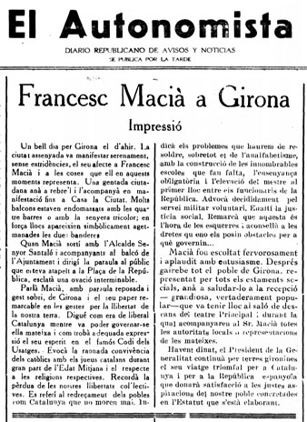 Cr&ograve;nica de la visita del President Maci&agrave; a Girona publicada a 'El Autonomista' del 22 de juny de 1931