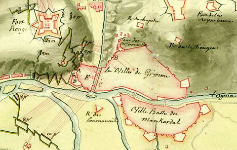 Detall de 'Plan des attaques de Gironne, depuis le 22 d&eacute;cembre que la tranch&eacute;e a est&eacute; ouverte jusqu'au 23 janvier 1711 que la place s'est rendu'. Amb la lletra D s'indica el baluard de Sant Pere. 1711