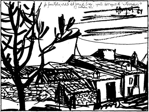 Les barraques de la Ferradura, en un apunt d'Enric Marqu&egrave;s fet l'any 1961