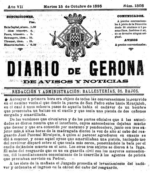 Not&iacute;cia publicada al 'Diari de Gerona' del 15 d'octubre de 1895