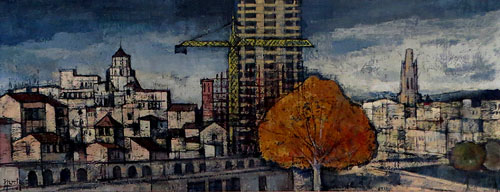 El pla Perpiny&agrave; en construcci&oacute; des de la pla&ccedil;a del Mercat. 1968. Jes&uacute;s Portas. Oli sobre tela
