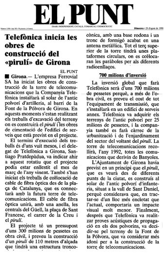 Not&iacute;cia publicada al diari 'El Punt' el 29/08/1990