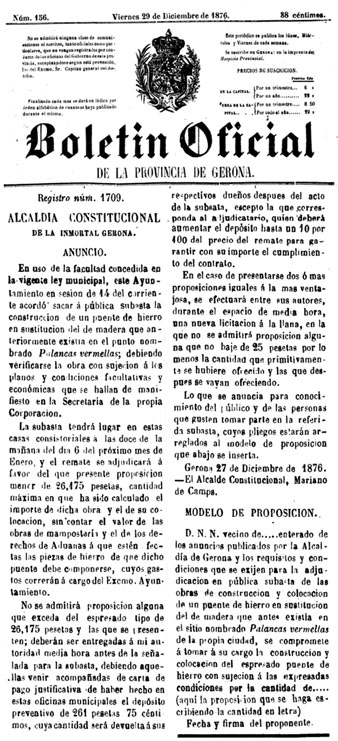 Anunci de la subhasta p&uacute;blica de la construcci&oacute; d'un pont de ferro. BOP 29/12/1876