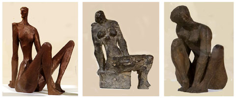 D'esquerra a dreta: Figura asseguda. Josep M. Subirachs. 1953. Terracota. Espai Subirachs, Barcelona. / Esb&oacute;s per a figura asseguda. Josep M. Subirachs. Ca. 1953. Fang. Col&middot;lecci&oacute; de la fam&iacute;lia Torres / L'espera. Esther Boix Pons. 1951. Terracota. Col&middot;lecci&oacute; de la fam&iacute;lia Creus Boix
