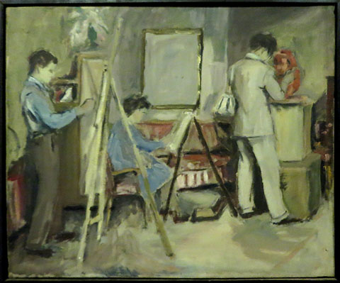 Ricard Creus, Esther Boix i Josep M. Subirachs pintant i modelant. Merc&egrave; Vallverd&uacute; Borr&agrave;s. Ca. 1947