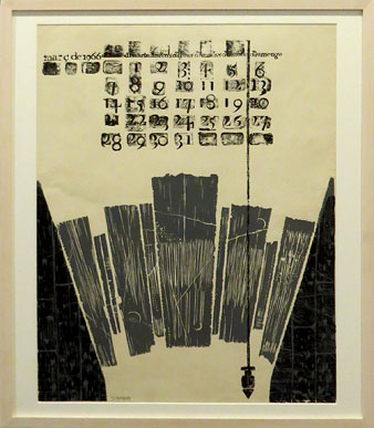 Full de calendari linogravat amb tem&agrave;tica d'oficis editat l'any 1966 per Josep M. Matabosch. Josep M. Subirachs