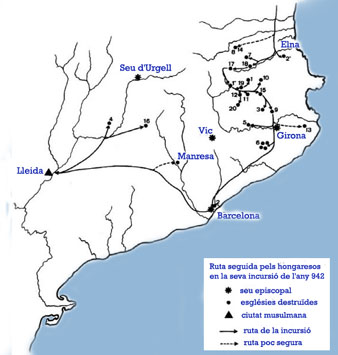 Ruta seguida pels hongaresos en la seva incursi&oacute; del 942