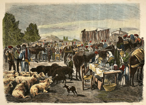 La fira de Sant Tom&agrave;s. Mercat de bestiar. 1870