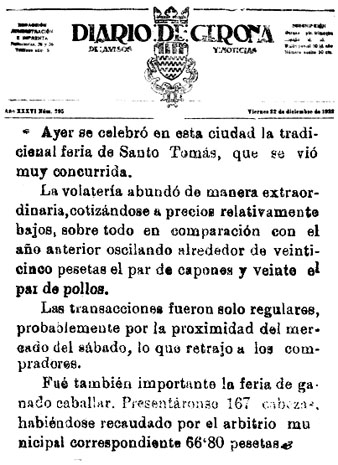Not&iacute;cia sobre la fira de Sant Tom&agrave;s publicada pel 'Diario de Gerona de avisos y not&iacuute;cias' del 22/12/1922