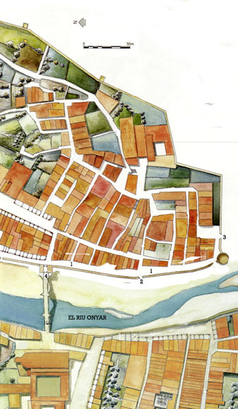 Mapa de l'Arenys i la Vilanova el 1535. 1. Carrer del portal de l'&Agrave;ngel al portal del Carme. 2. Portal de l'&Agrave;ngel. 3. Portal del Carme. 4, Portal del pont