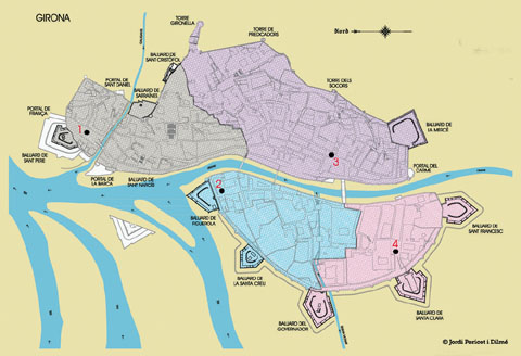 Destins i &agrave;rees de les quatre esquadres de la Companyia de Dones de Santa B&agrave;rbara. 1 - Esquadra de Sant Narc&iacute;s | 2 - Esquadra de Santa Eul&agrave;lia | 3 - Esquadra de Santa Dorotea | 4 - Esquadra de la Concepci&oacute;. Pl&agrave;nol de Jordi Pericot i Dilm&eacute;