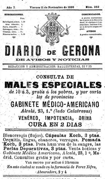 Anunci de la farm&agrave;cia P&eacute;rez-Xifra, publicat al peri&ograve;dic 'Diario de Gerona de Avisos y Not&iacute;cias' l'11/11/1898