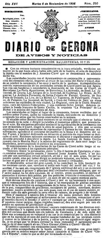 Not&iacute;cia del canvi de nom del carrer i col&middot;locaci&oacute; de la placa dedicada a Anselm Clav&eacute;. 'Diario de Gerona de avisos y not&iacute;cias', 6/11/1906