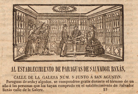 Anunci d'una botiga de paraig&uuml;es al carrer de la Galera. Publicat al peri&ograve;dic 'El Gerundense' el 5/11/1861