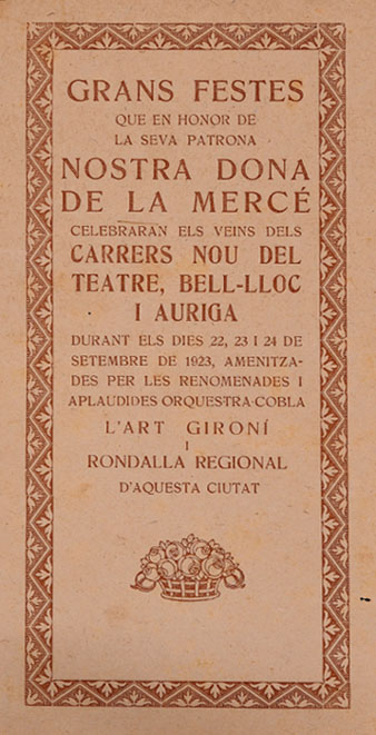 Programa de Grans Festes de la Merc&egrave; dels ve&iuml;ns dels carrers Nou del Teatre, Bell-Lloc i Auriga durant els dies 22, 23 i 24 de setembre de 1923