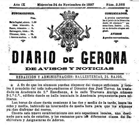 Not&iacute;cia de l'establiment d'una acad&egrave;mia de segon ensenyament a la travessia de l'Auriga