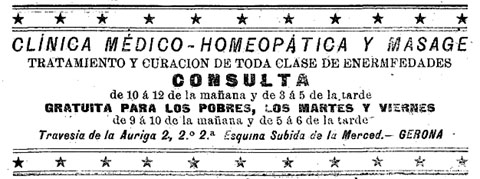 Anunci d'una cl&iacute;nica homeop&agrave;tica a la travessia de l'Auriga. Publicat al 'Diario de Avisos y Not&iacute;cias' del 1/5/1901