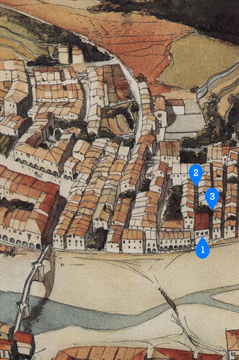 Detall del Cap de l'Areny a la primera meitat del segle XIV. S'hi indica: 1- Casal d'en Banyoles. Casal 'pairal' de l'antiga familia ciutadana que apareix esmentada, en aquest mateix barri, almenys des de 1153. 2- Placeta i carrer primer d'en Banyoles o de Mora. Del casal d'en Banyoles i de la placeta que hi havia al seu davant sortia un carrer que porta actualment el nom de carrer del Vern, i que duia el nom de Banyoles des de 1220 o abans. 3- Carrer segon d'en Banyoles. A l'altre costal del casal d'en Banyoles sortia un altre carrer que ha conservat aquest nom fins a l'actualitat