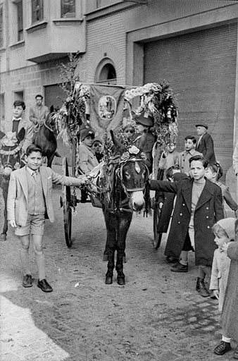 Festa de Sant Antoni Abat al barri del Mercadal. Un carruatge tibat per un ruc al carrer Hortes. A la dreta, el fill del fot&ograve;graf, Llu&iacute;s Massafont. 1954