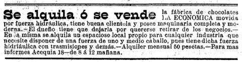 Venda de la f&agrave;brica de xocolata 'La Econ&oacute;mica', publicat al 'Diario de Gerona de Avisos y Not&iacute;cias' del 21/4/1901
