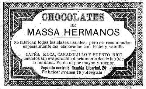 Anunci de la f&agrave;brica de xocolata Massa, publicat al 'Diario de Gerona de Avisos y Not&iacute;cias' del 16/5/1897. El mateix dia el diari publicava el seu trasllat al carrer de la S&egrave;quia cantonada amb el carrer de la Premsa